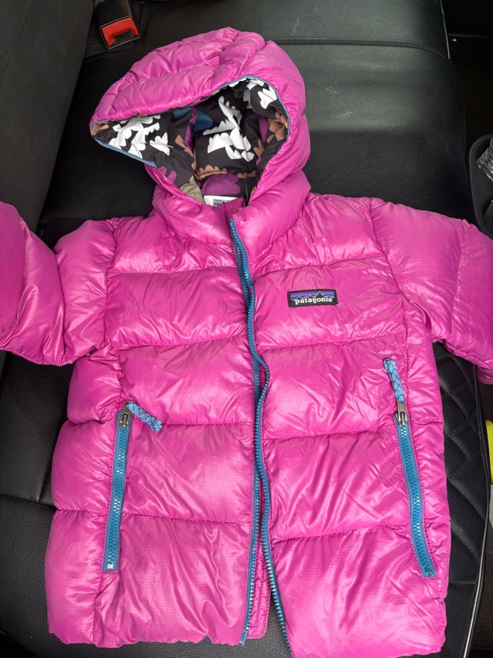 Patagonia Girls' Bright Pink Hooded Puffer Jacket with Blue Trim